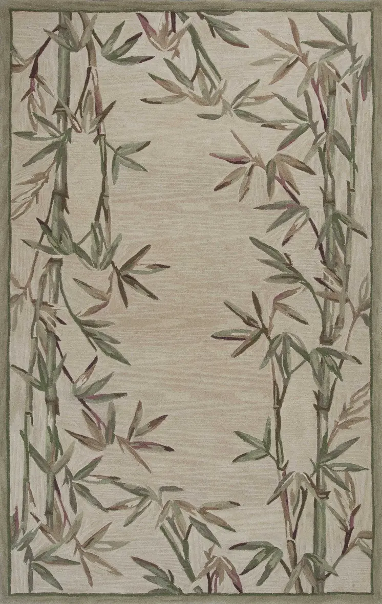 5' X 8' Ivory And Green Wool Botanical Leaves Hand Tufted Area Rug