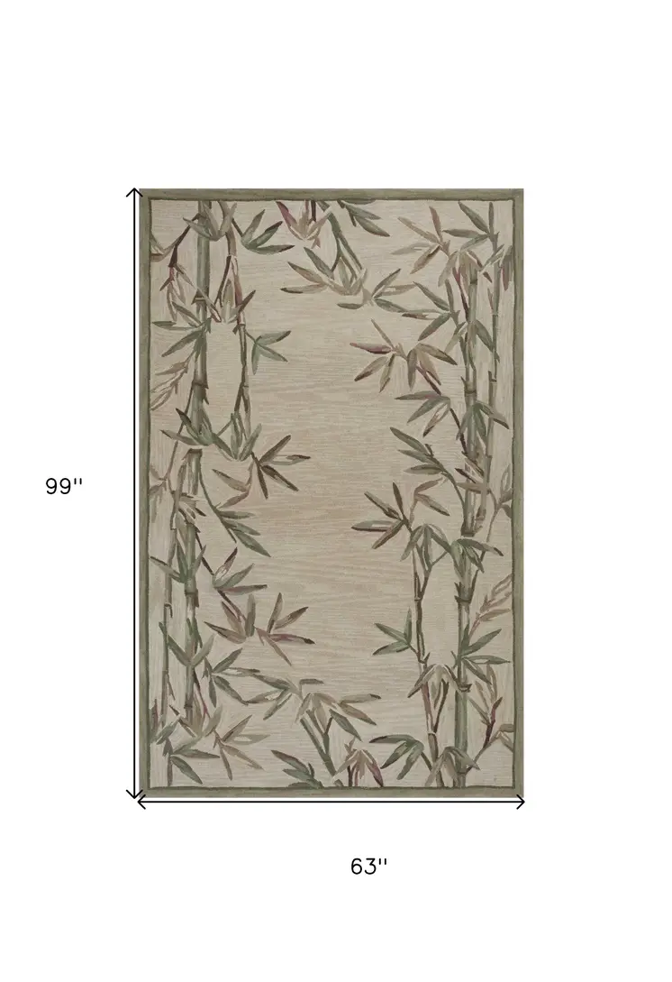 5' X 8' Ivory And Green Wool Botanical Leaves Hand Tufted Area Rug