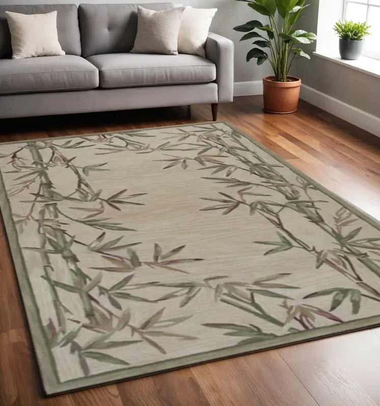 5' X 8' Ivory And Green Wool Botanical Leaves Hand Tufted Area Rug