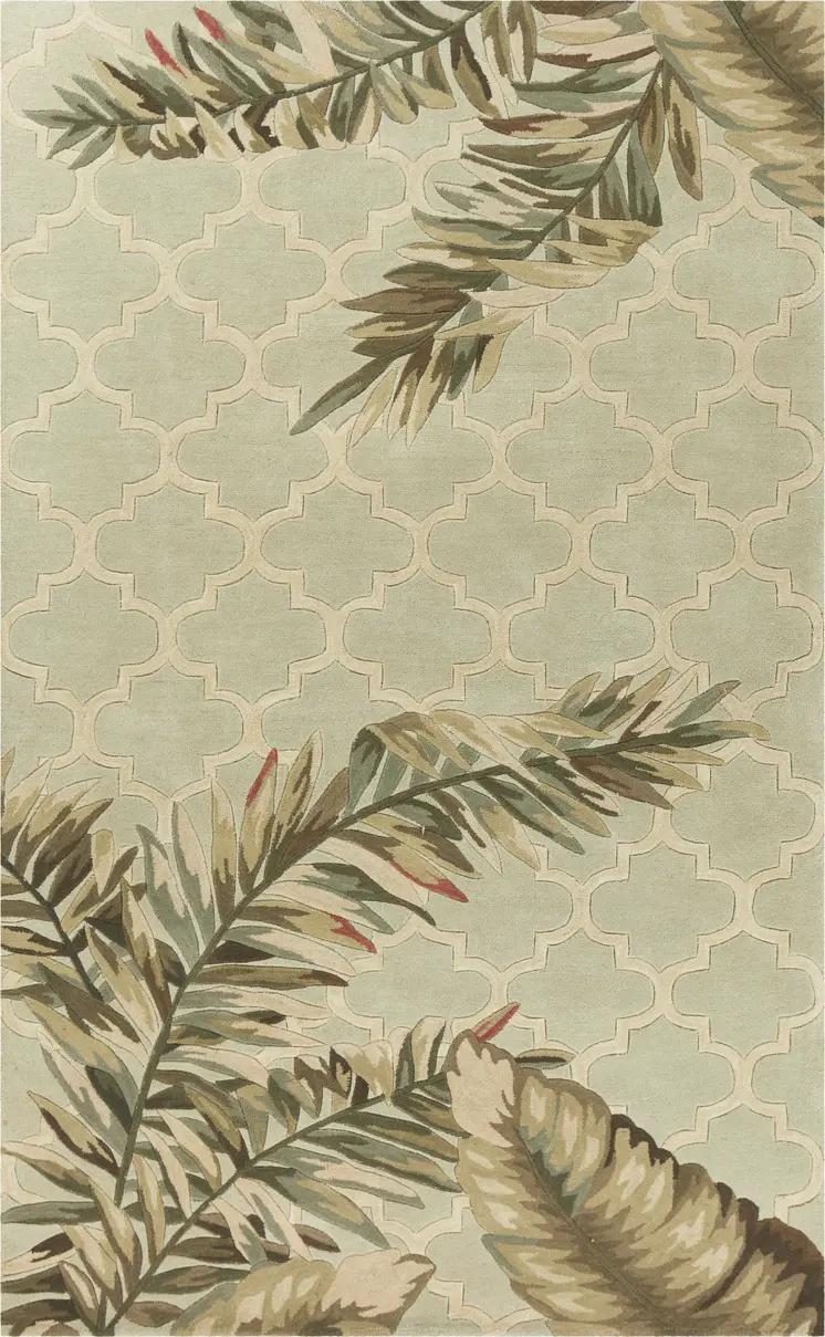 5' X 8' Sage And Taupe Wool Tropical Botanical Hand Tufted Area Rug