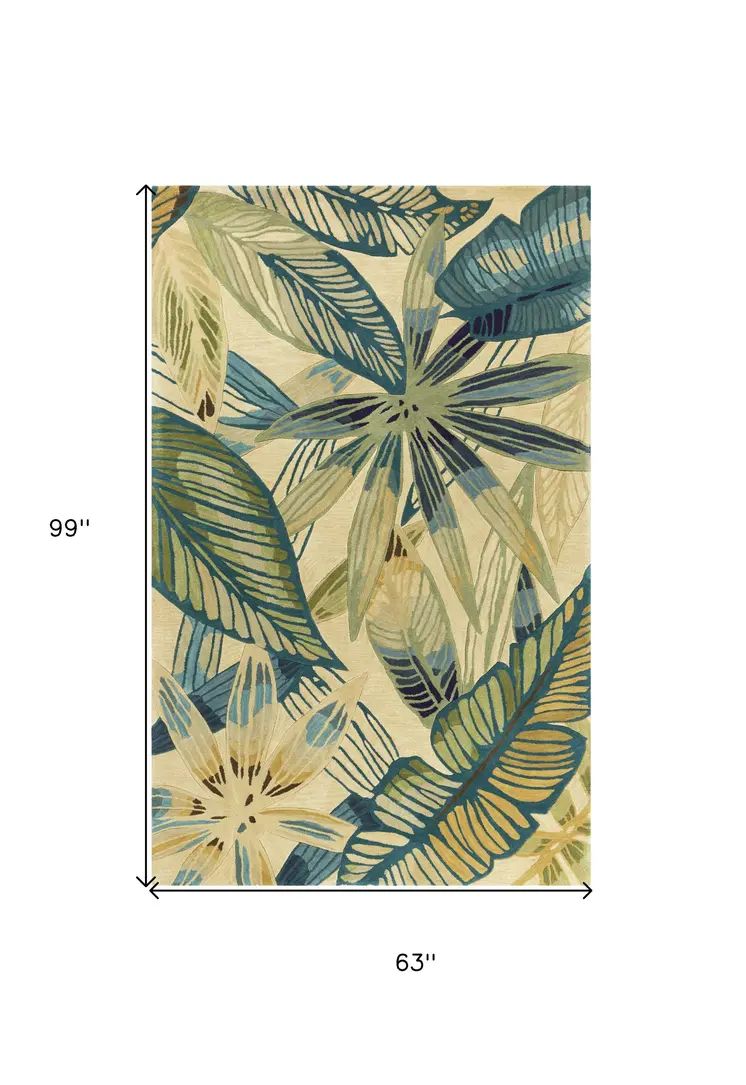5' X 8'  Wool Ivory Or Teal Area Rug