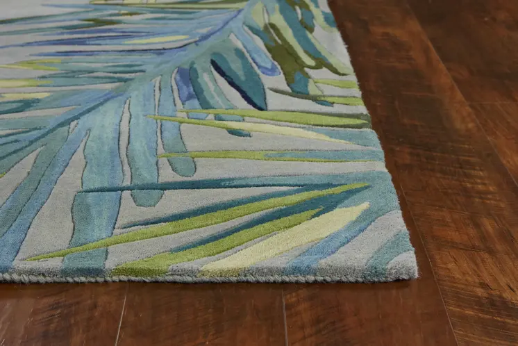 5' X 8' Blue And Gray Wool Tropical Botanical Hand Tufted Area Rug