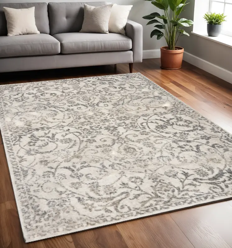 8' X 10' Ivory and Gray Floral Vines Distressed Area Rug