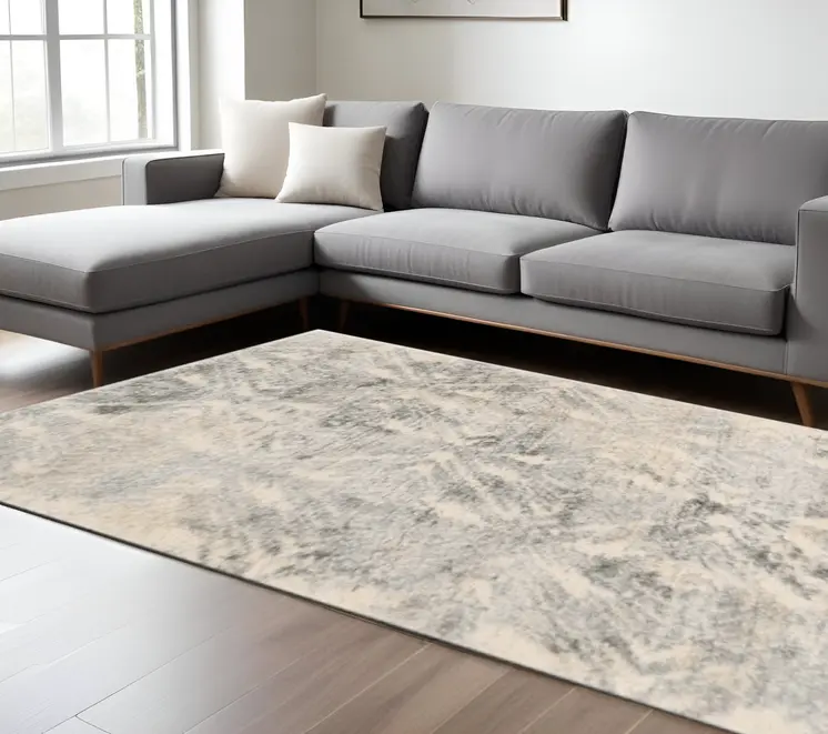 8' X 13'  Modern Ivory And Grey Abstract Area Rug