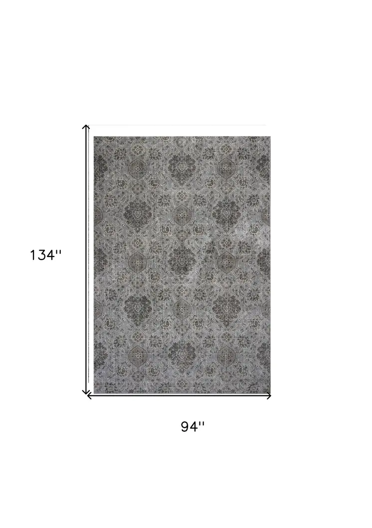 8' X 11' Silver And Dark Gray Floral Area Rug