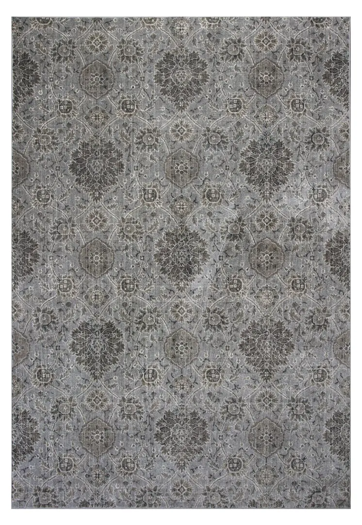 8' X 11' Silver And Dark Gray Floral Area Rug