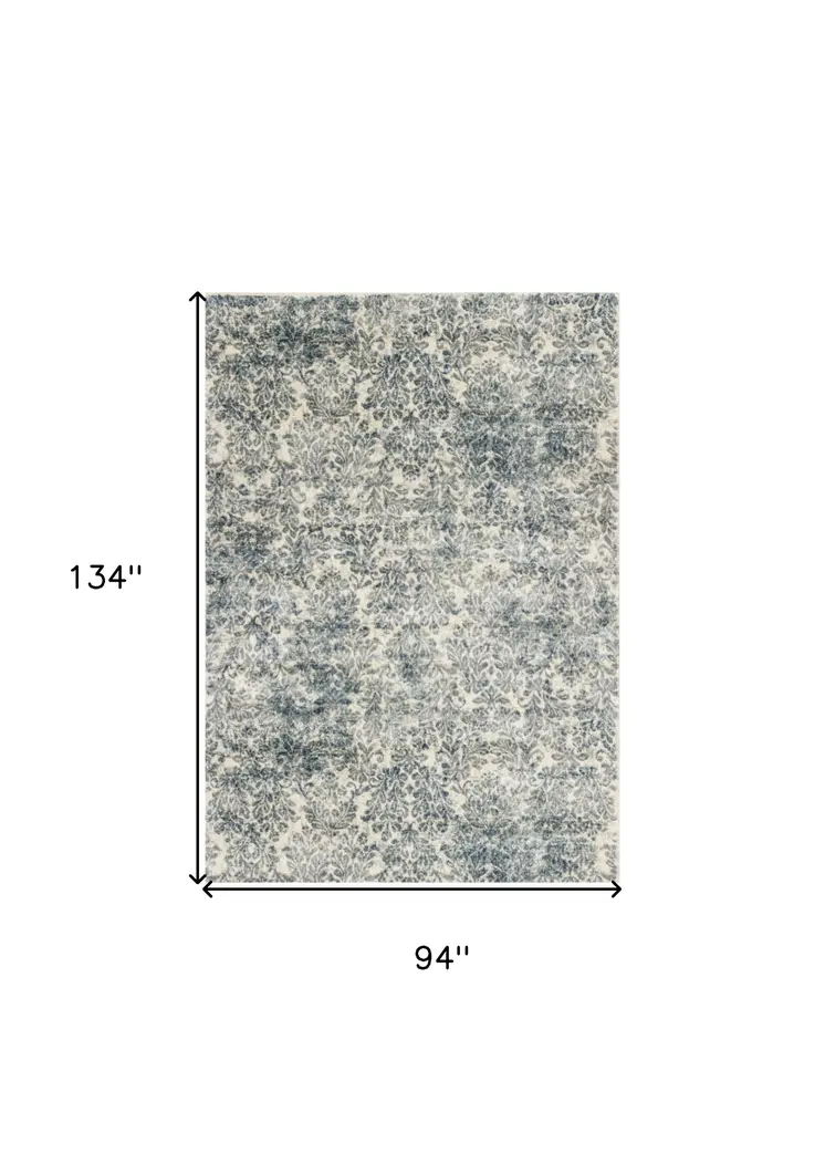 8' X 11' Ivory And Blue Damask Area Rug