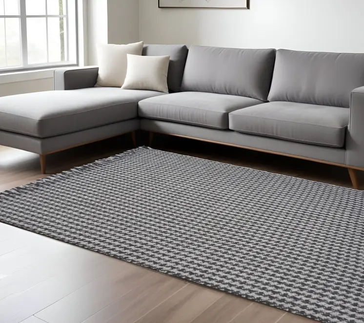 8' X 10' Gray And Light Gray Wool Houndstooth Hand Woven Area Rug With Fringe