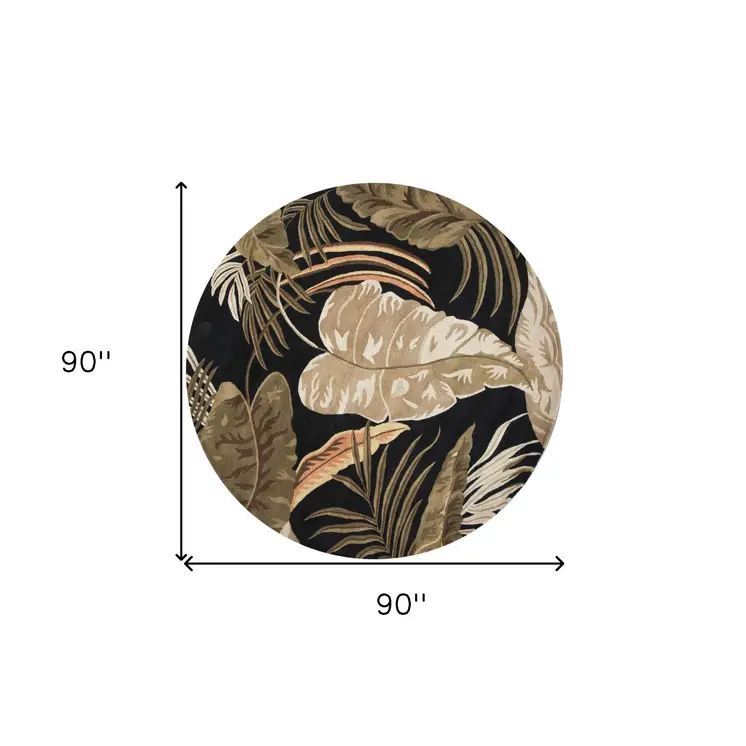8' Midnight Black Hand Tufted Tropical Leaves Round Indoor Area Rug