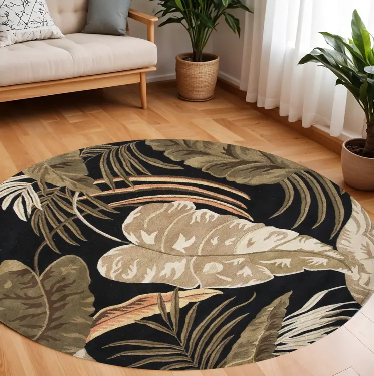 8' Black Beige And Brown Wool Botanical Leaves Hand Tufted Round Rug