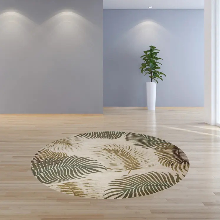 8' Beige Green And Brown Wool Botanical Leaves Hand Tufted Round Rug