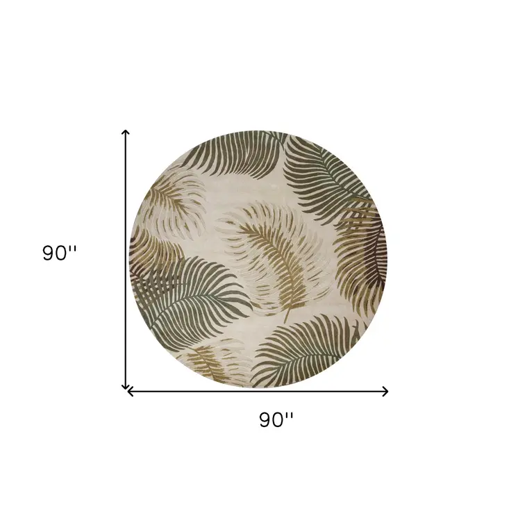 8' Beige Green And Brown Wool Botanical Leaves Hand Tufted Round Rug
