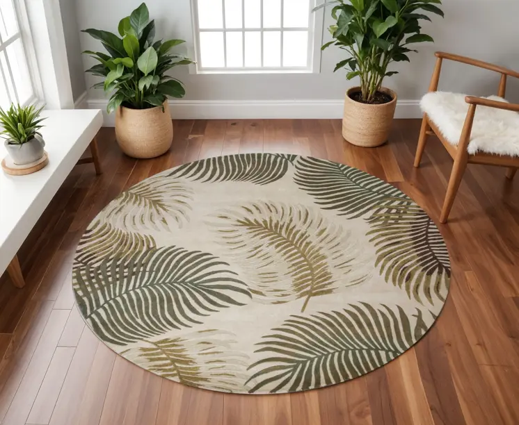 8' Beige Green And Brown Wool Botanical Leaves Hand Tufted Round Rug