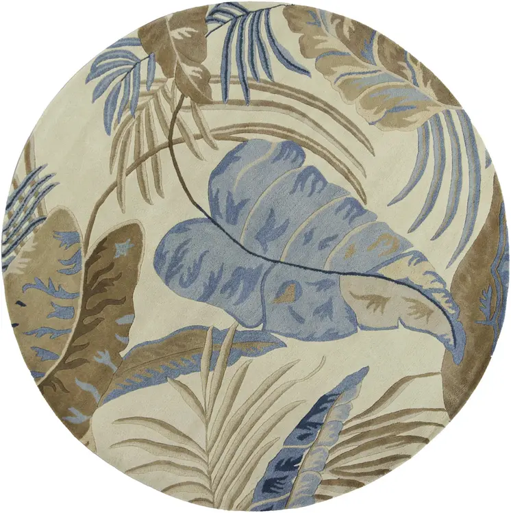 8' Ivory And Blue Wool Botanical Leaves Hand Tufted Round Rug
