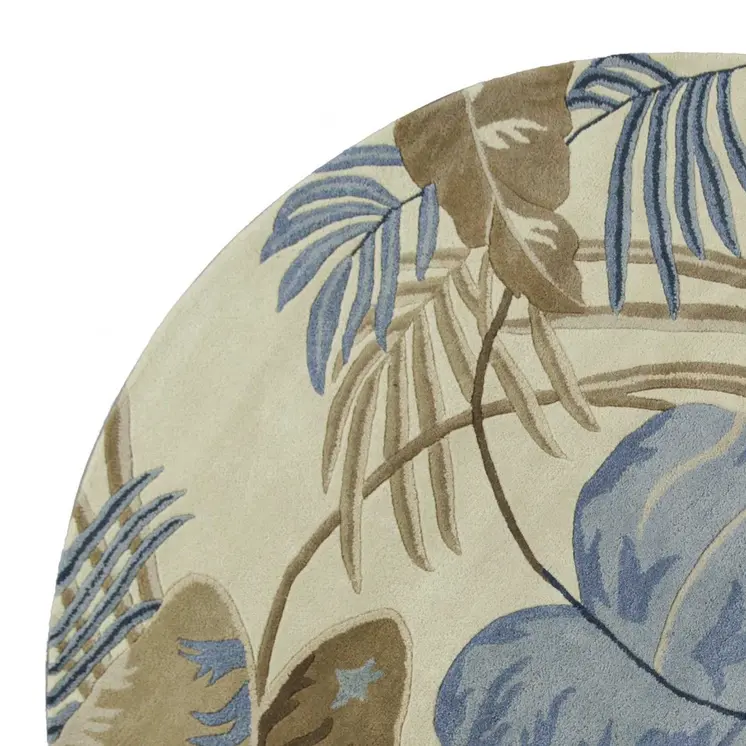 8' Ivory And Blue Wool Botanical Leaves Hand Tufted Round Rug