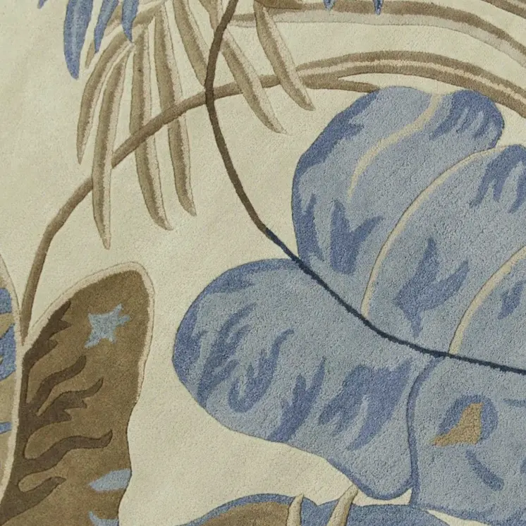 8' Ivory And Blue Wool Botanical Leaves Hand Tufted Round Rug