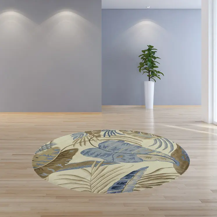 8' Ivory And Blue Wool Botanical Leaves Hand Tufted Round Rug