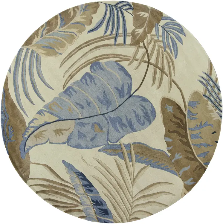 8' Ivory And Blue Wool Botanical Leaves Hand Tufted Round Rug