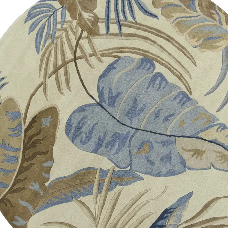 8' Ivory And Blue Wool Botanical Leaves Hand Tufted Round Rug