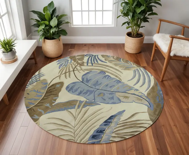 8' Ivory And Blue Wool Botanical Leaves Hand Tufted Round Rug