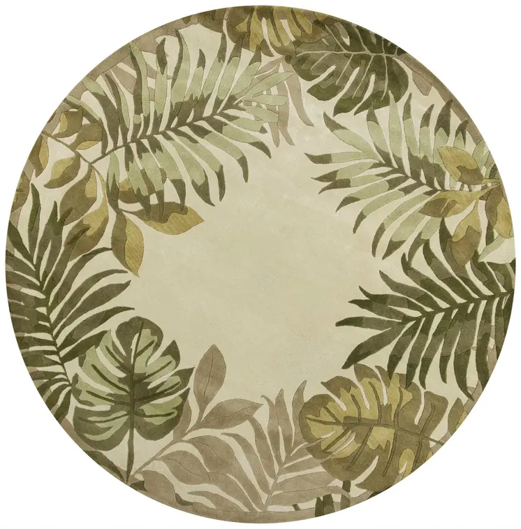8' Ivory And Green Wool Botanical Leaves Hand Tufted Round Rug
