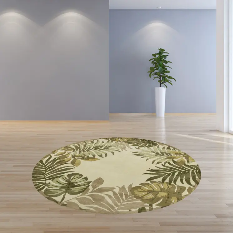 8' Ivory And Green Wool Botanical Leaves Hand Tufted Round Rug