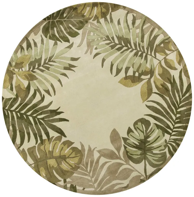 8' Ivory And Green Wool Botanical Leaves Hand Tufted Round Rug