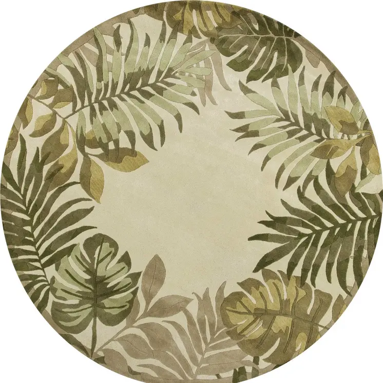 8' Ivory And Green Wool Botanical Leaves Hand Tufted Round Rug