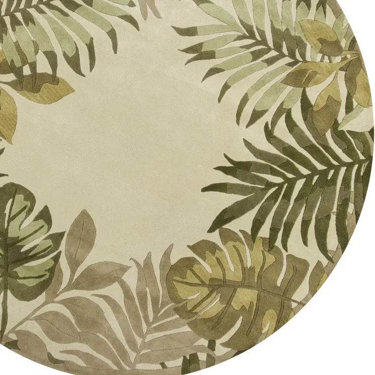 8' Ivory And Green Wool Botanical Leaves Hand Tufted Round Rug