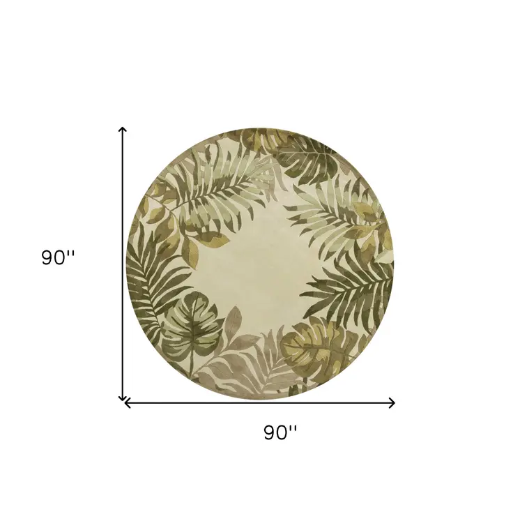 8' Ivory And Green Wool Botanical Leaves Hand Tufted Round Rug