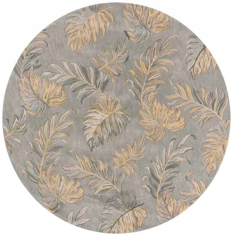 8' Gray And Taupe Wool Tropical Botanical Hand Tufted Round Rug