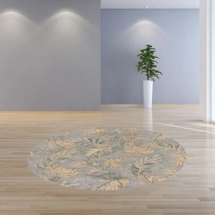 8' Gray And Taupe Wool Tropical Botanical Hand Tufted Round Rug