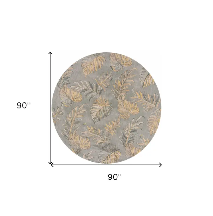 8' Gray And Taupe Wool Tropical Botanical Hand Tufted Round Rug