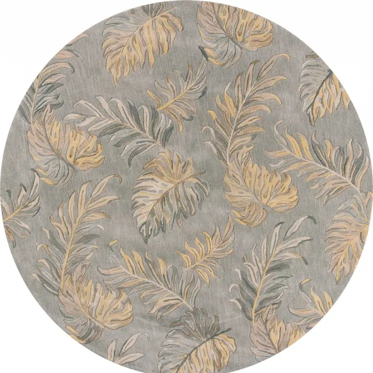 8' Gray And Taupe Wool Tropical Botanical Hand Tufted Round Rug