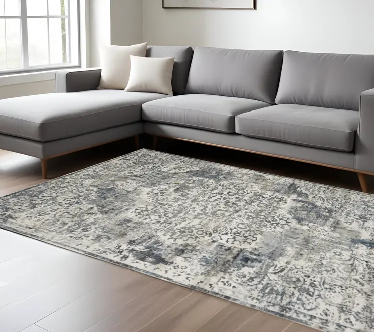 8' X 11' Ivory And Gray Floral Medallion Distressed Area Rug