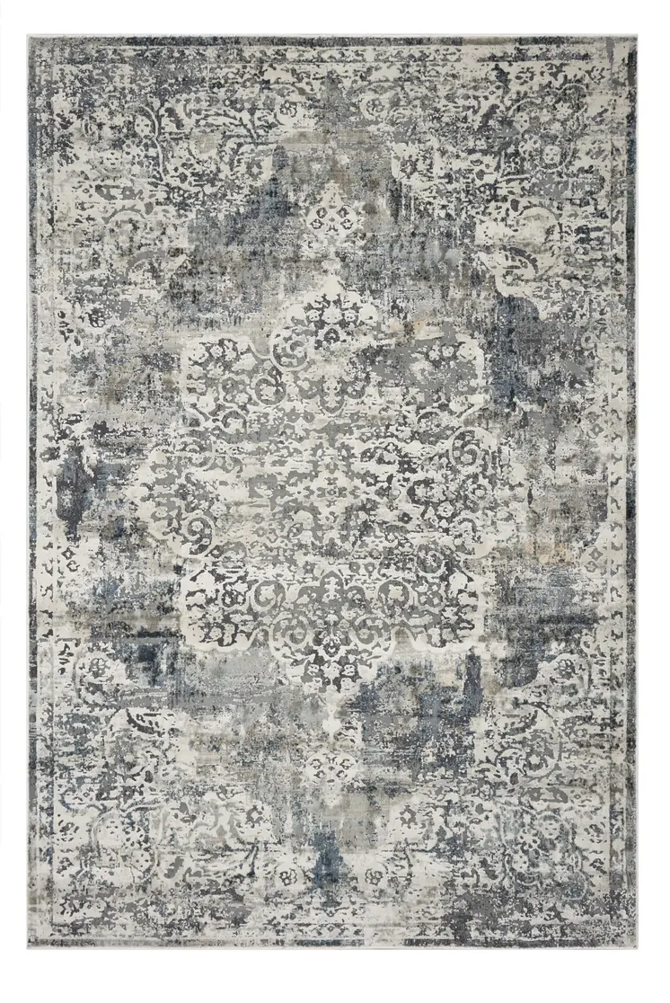 8' X 11' Ivory And Gray Floral Medallion Distressed Area Rug