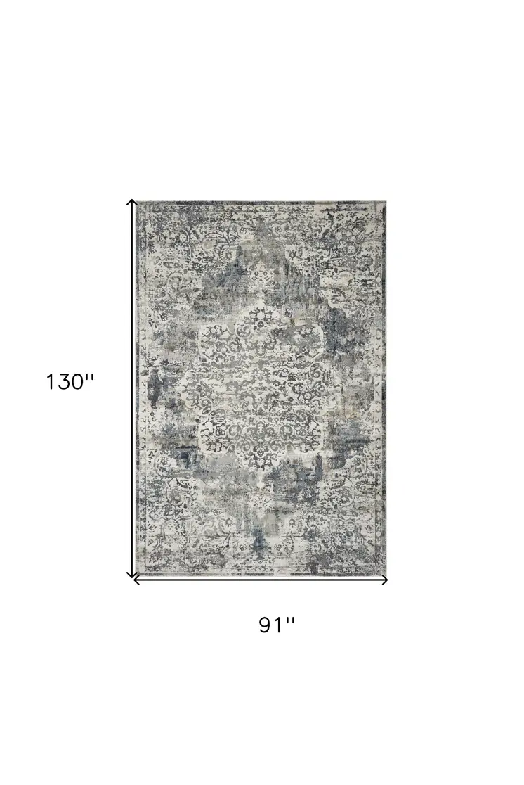8' X 11' Ivory And Gray Floral Medallion Distressed Area Rug