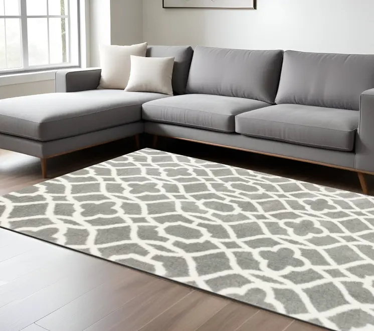 8' X 11' Grey Ivory Machine Woven Ogee Indoor Shag Area Rug
