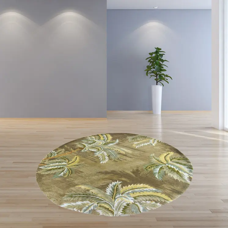8' Moss Green And Yellow Wool Tropical Botanical Hand Tufted Round Rug