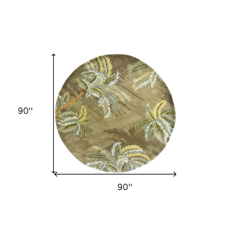 8' Moss Green And Yellow Wool Tropical Botanical Hand Tufted Round Rug