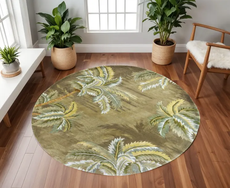 8' Moss Green And Yellow Wool Tropical Botanical Hand Tufted Round Rug