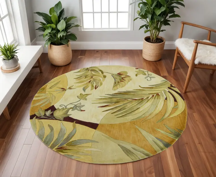8' Coral Green And Ivory Wool Botanical Leaves Hand Tufted Round Rug