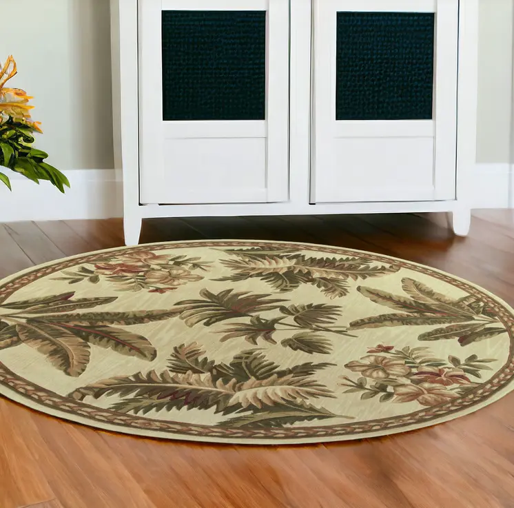 8' Ivory Hand Tufted Bordered Tropical Plants Round Indoor Area Rug