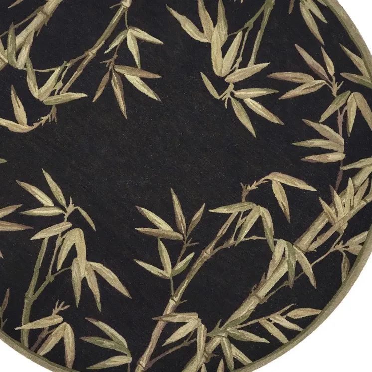 8' Black Hand Tufted Bordered Tropical Bamboo Round Indoor Area Rug
