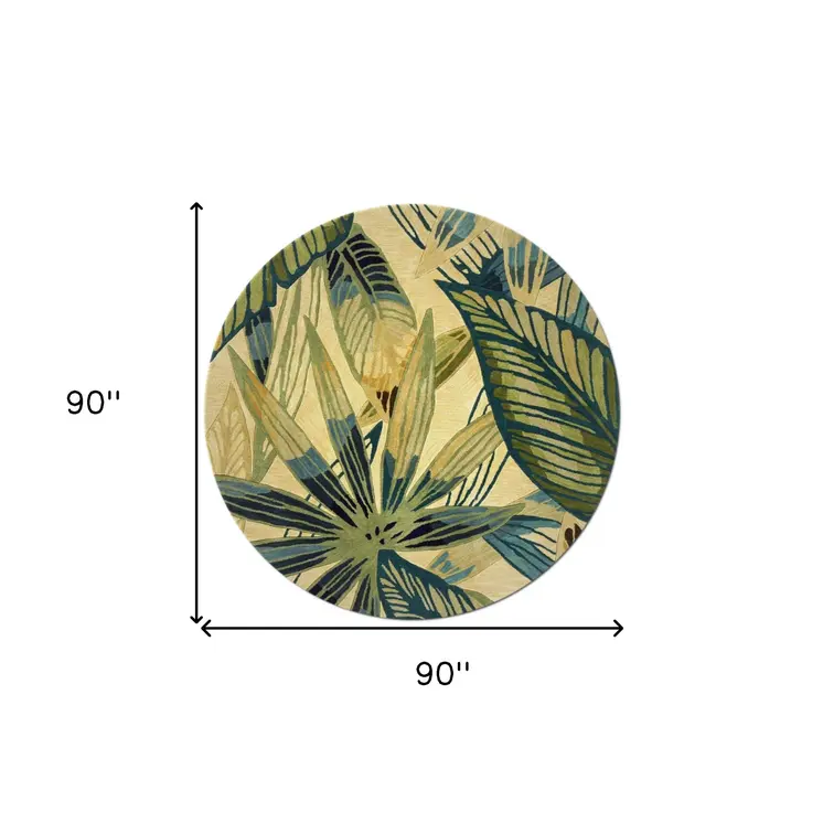 8' Ivory Teal Hand Tufted Tropical Leaves Round Indoor Area Rug