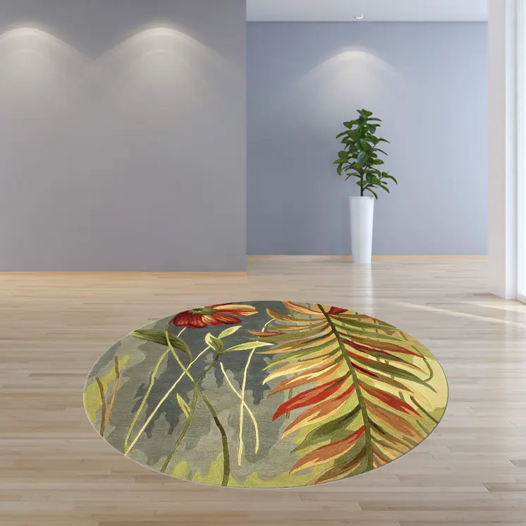 8' Blue And Green Round Wool Tropical Botanical Hand Tufted Area Rug