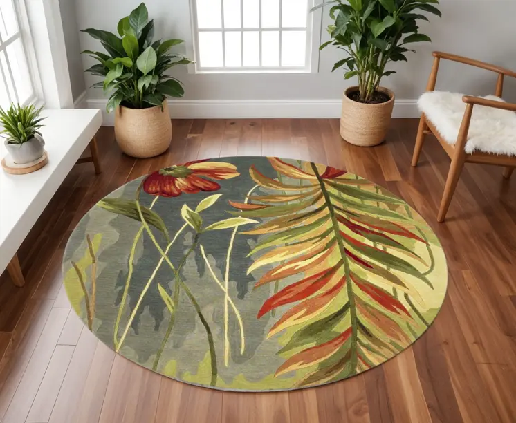 8' Blue And Green Round Wool Tropical Botanical Hand Tufted Area Rug