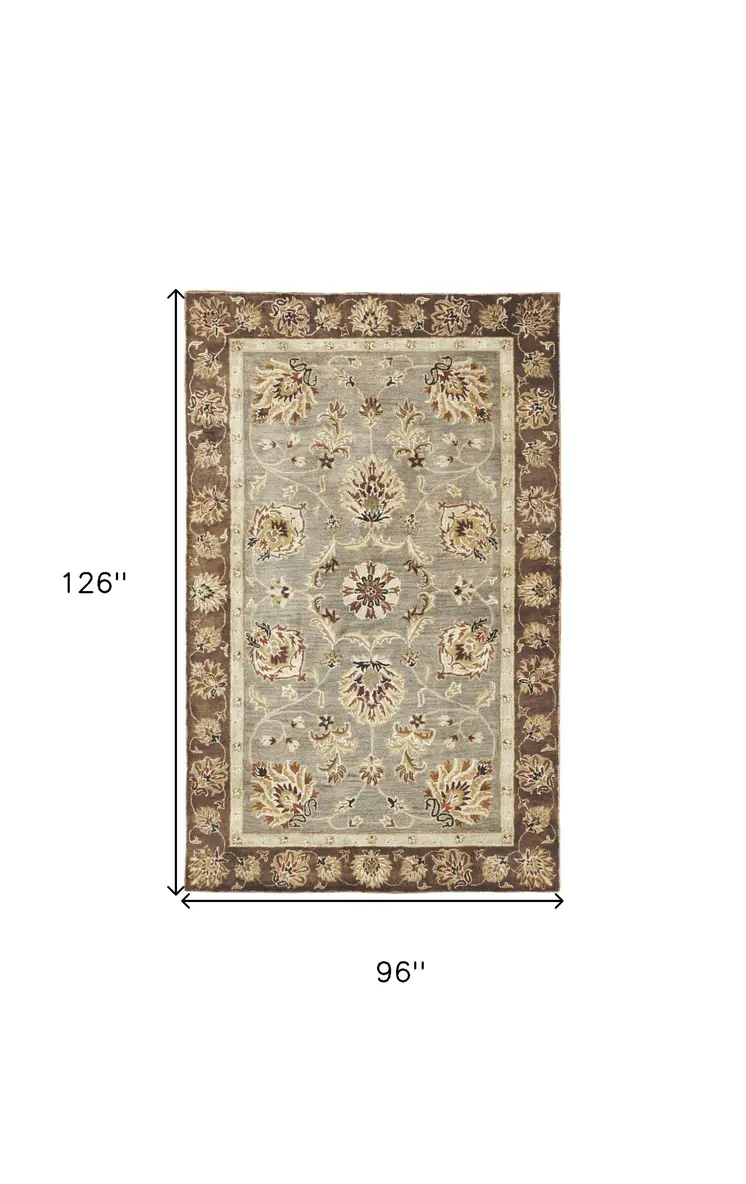 8' X 11' Gray And Brown New Zealand Lambs Wool Floral Hand Tufted Area Rug