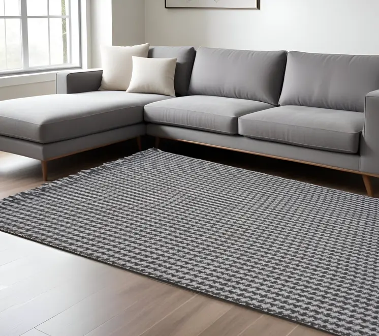 9' X 12' Gray And Light Gray Wool Houndstooth Hand Woven Area Rug With Fringe