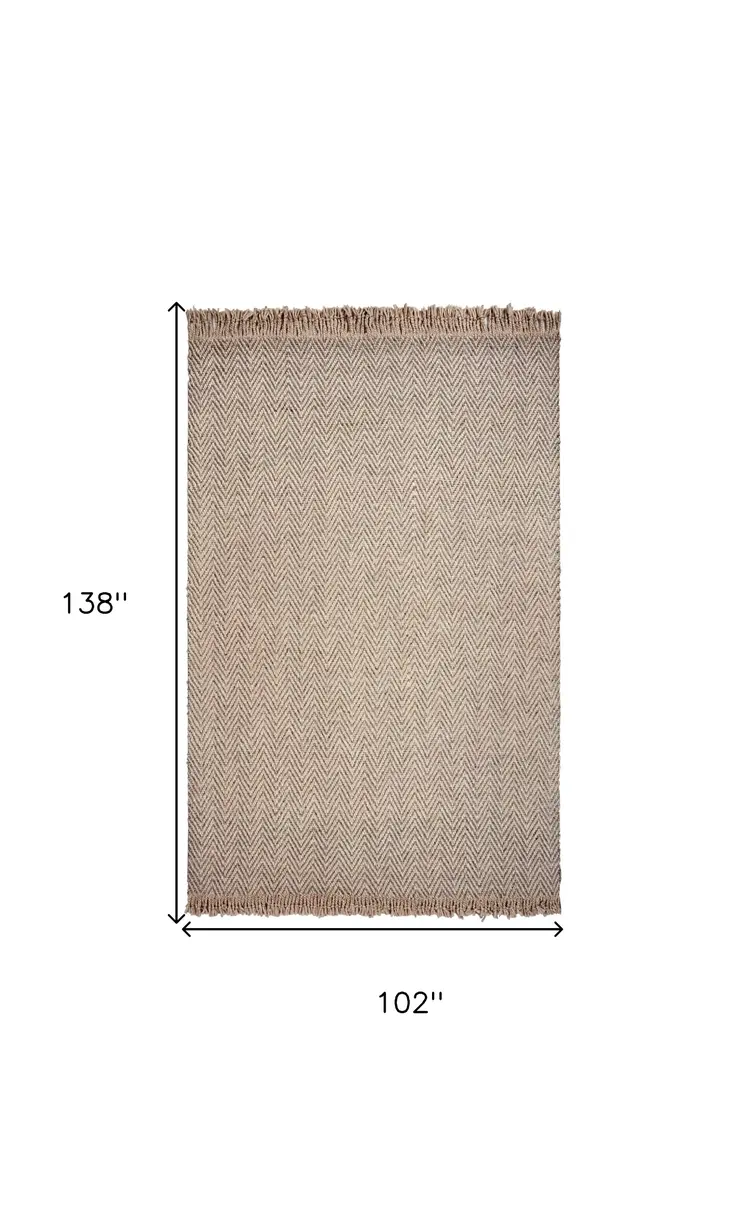 9' X 12' Beige And Gray Wool Hand Woven Area Rug With Fringe